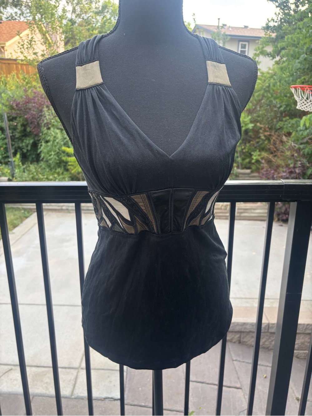 Marciano Black V-Neck Sleeveless Top with Cream Accents